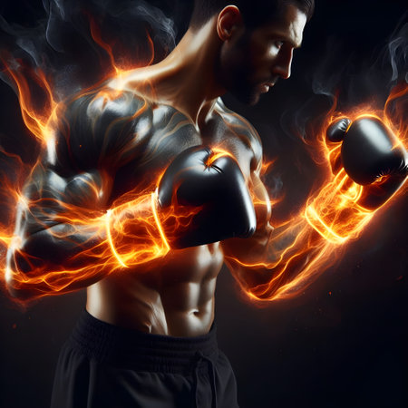 Athletic  fighter young man with boxing gloves in fire. Martial arts power conceptの素材