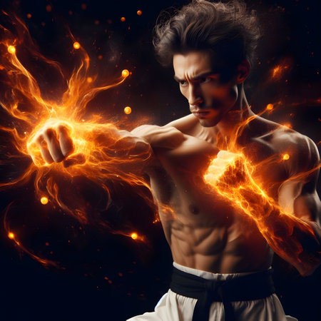 Handsome young man training with fire hands, martial arts power energy conceptの素材