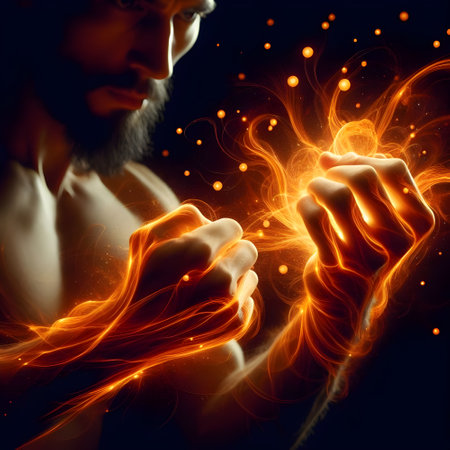 Man with burning magic energy in his hands, close-up. Martial arts power conceptの素材