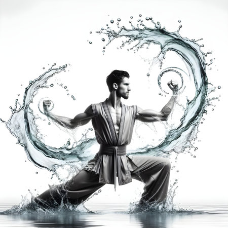 Young man practicing kung fu in water splashes isolated on white background, Martial arts soft power conceptの素材