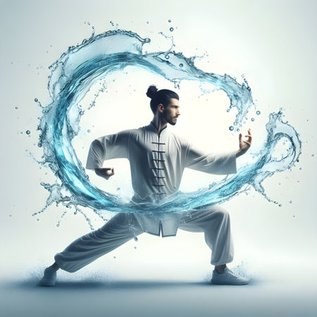 Karate man in kimono training with water splash on background, Martial arts soft tai-chi power conceptの素材