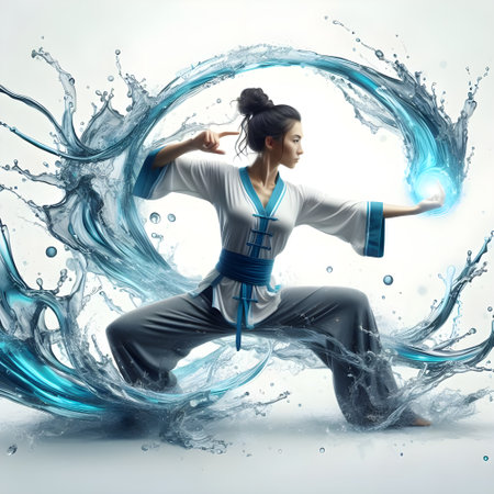 Young attractive woman practicing martial arts with splashes of water, Martial arts soft tai-chi power conceptの素材