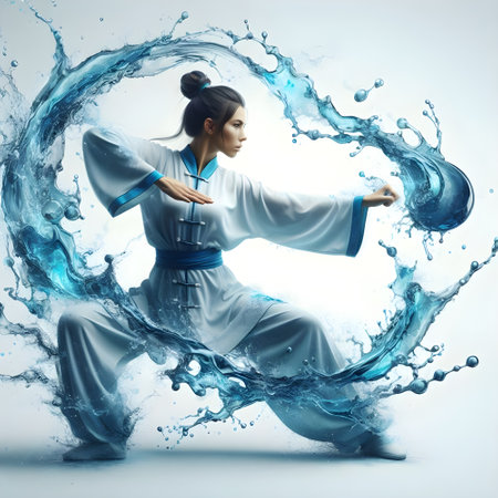 Young woman in white kimono practicing martial arts with water splash, Martial arts soft tai-chi power conceptの素材
