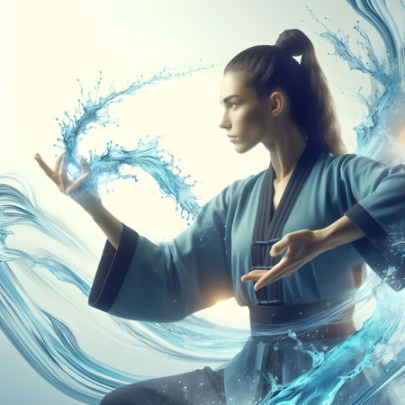 Young woman in kimono against blue background with splashes of water flow energy, Martial arts soft tai-chi power conceptの素材
