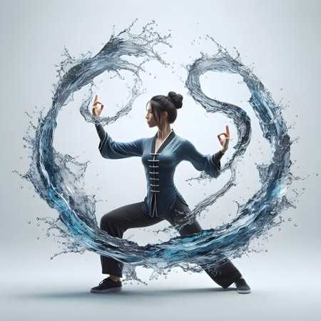 Young woman in blue martial arts suit practicing with water flow splashes, Martial arts soft tai-chi power conceptの素材