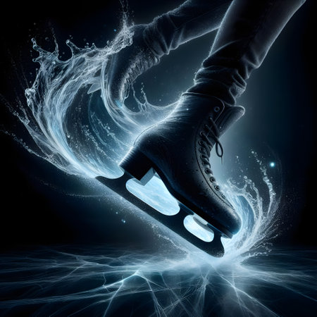 Female figure skates against blue background with water splashes and light effects, sports power and energy conceptの素材
