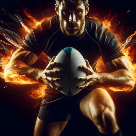 Rugby player in action with ball, his arms on fire and flames on black background. sports power conceptの素材