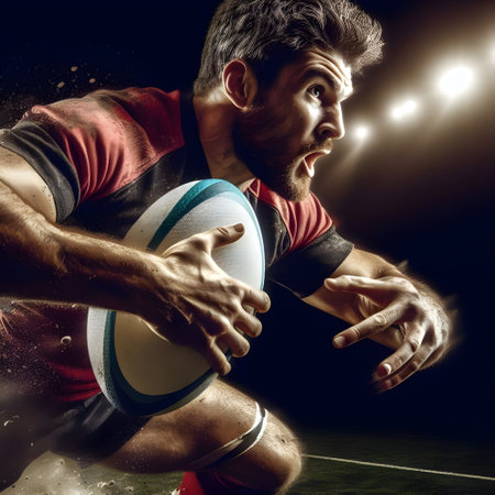 Rugby player in action, isolated on black background. sports power conceptの素材