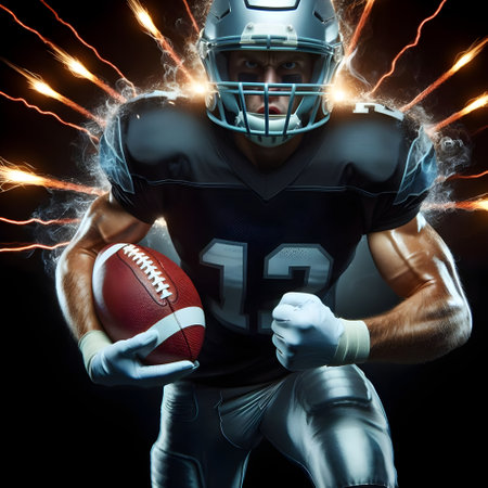 Professional American football player with ball against black background and light streaks flying out of him, sports energy power conceptの素材