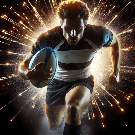 Rugby player in action with a ball on a black background. light streaks around him, sports energy power conceptの素材