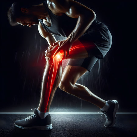 Young man suffering from knee pain over dark background. Sports healthcare medicineの素材