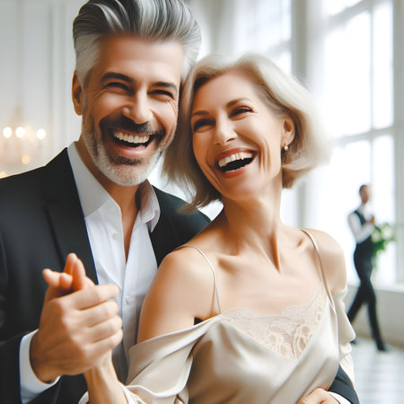 Loving Couple. Happy Smiling Mature Man and Woman in Luxury Gown. Romantic Relationships.の素材