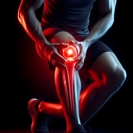 Digital composite of highlighted knee of man with highlighted knee joint against dark background, Sports healthcare medicineの素材