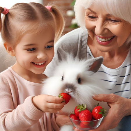 Little girl with her grandmother and feeding rabbit strawberries at home.の素材