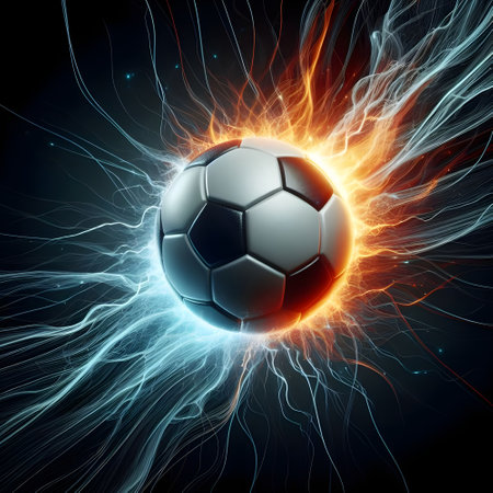 Soccer ball with lightning on black background. 3D illustration.の素材
