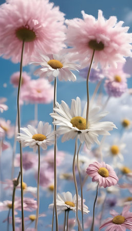 Beautiful daisies against the blue sky, close-upの素材