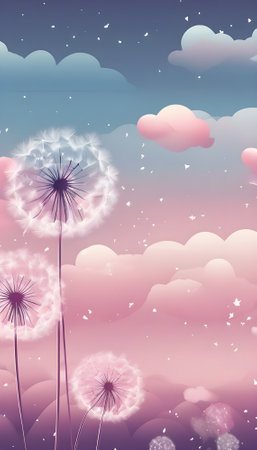 Dandelion flower background with sky and clouds, vector illustration.の素材