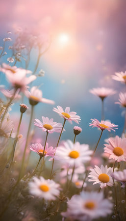 Field of daisies at sunset. Shallow depth of field.の素材
