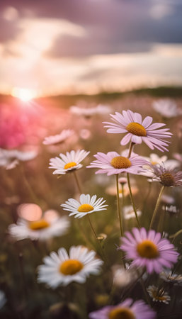 Beautiful daisies in the field at sunset. Nature backgroundの素材