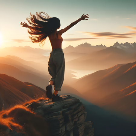Young happy woman on the top of a mountain in the rays of the rising sun, Healthy lifestyle concept.の素材