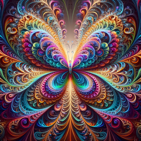 Multicolored symmetrical fractal pattern. Computer generated graphics. Butterfly themeの素材