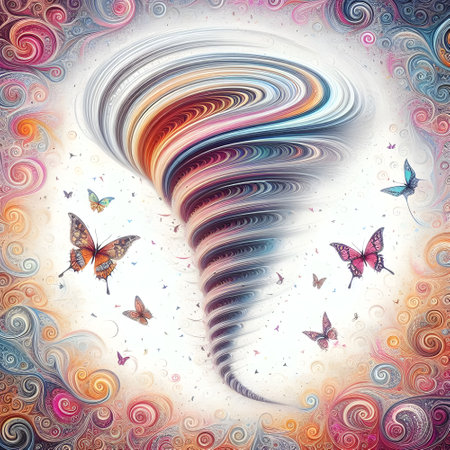 Rainbow tornado with swirls and butterflies. 3D illustration.の素材