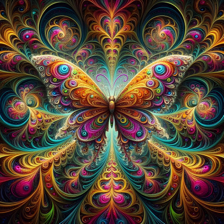 Multicolored butterfyl symmetrical fractal pattern. Computer generated graphics.の素材