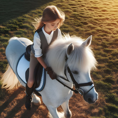 Little girl riding a white horse in the field at sunset. The concept of a healthy lifestyle.の素材
