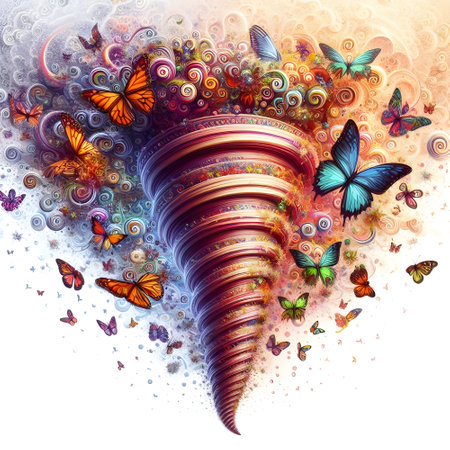 Tornado and butterflies on abstract colorful background. 3d illustrationの素材