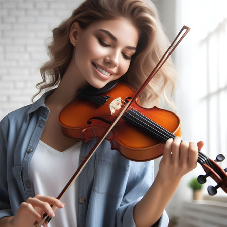 Beautiful young woman playing violin at home, closeup. Music conceptの素材