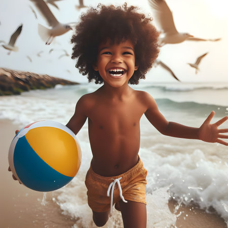 Little Boy Playing Beach Volleyball Summer Holiday Vacation Fun Conceptの素材