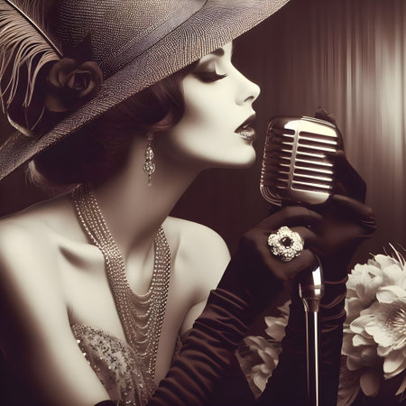 Retro style portrait of beautiful young woman in hat singing with microphone.の素材