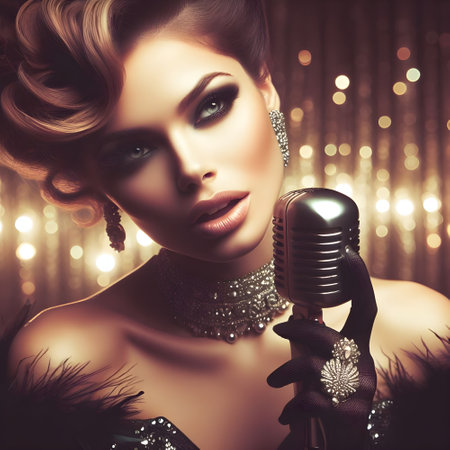 Portrait of a beautiful young woman with microphone. Vintage style.の素材