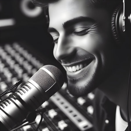 Young attractive radio host with microphone in studio. Black and white.の素材