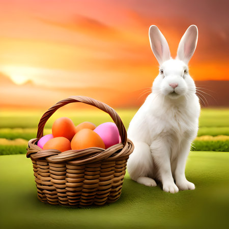 Rabbit and basket with easter eggs on green grass background.の素材