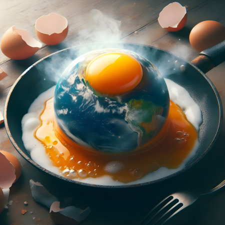 Eggs and earth cooking heating up in a frying pan on a wooden table. Climate change conceptの素材