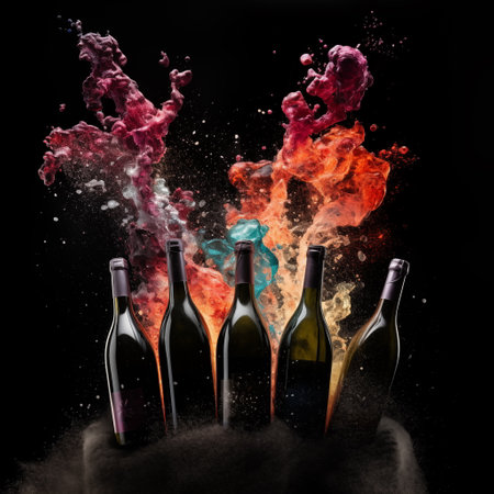 Bottles of wine with colorful splashes isolated on black background.の素材