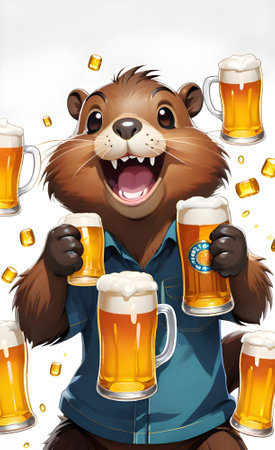 Illustration of a happy beaver holding a mug of beer on a white backgroundの素材