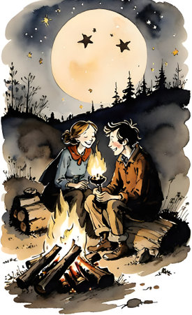 Couple sitting by the campfire at night, illustration valentineの素材
