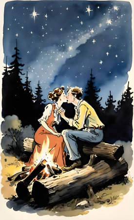 Couple in love near the campfire in the night forest. valentineの素材