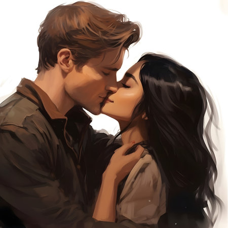 Young couple in love kissing on a white background. Digital painting. valentineの素材