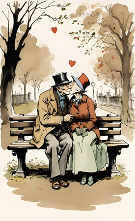 Romantic couple sitting on a bench in the park. Vector illustration.の素材