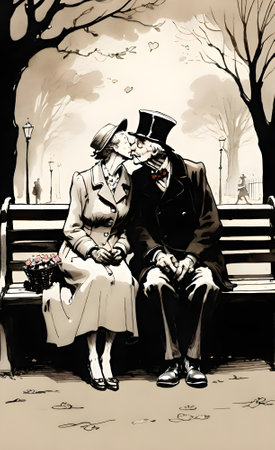 Couple in love sitting on a bench in the park, retro style, valentineの素材