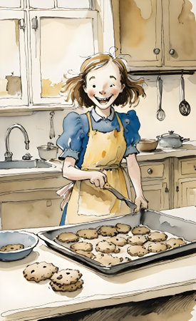 Young woman cooking cookies in the kitchen. Watercolor hand drawn illustrationの素材