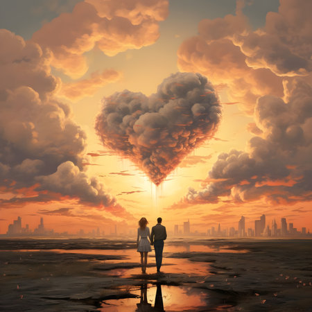 Conceptual image of man and woman looking at heart shaped cloud in the sky, valentineの素材