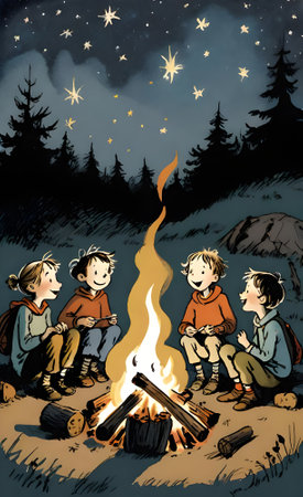 Illustration of a group of children sitting by the campfire.の素材
