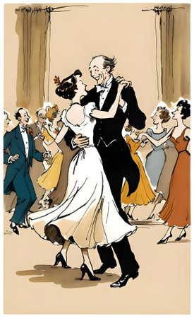 Wedding dancing couple in retro style. Hand drawn vector illustration. valentineの素材