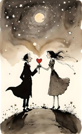 Romantic illustration of loving couple on the moon with heart and moon, valentineの素材