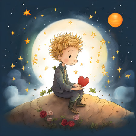 Illustration of a boy sitting on a hill and holding a heart, valentineの素材