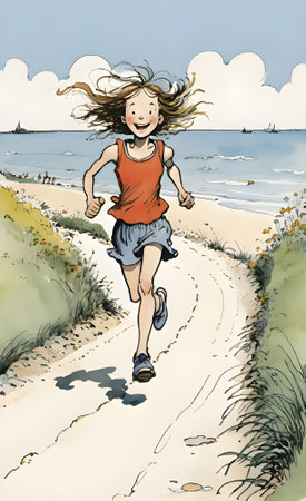 Cartoon image of a girl running along a sandy beach on a sunny dayの素材
